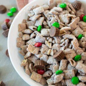 Christmas Reindeer Chex Mix Recipe in a white bowl