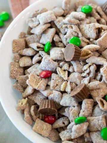 Christmas Reindeer Chex Mix Recipe in a white bowl