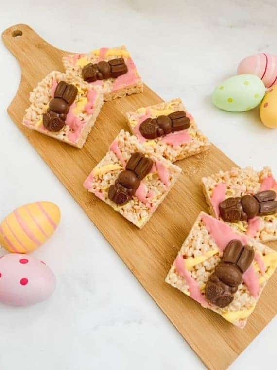 Rice Krispy treats with chocolate 
Easter bunnies on top