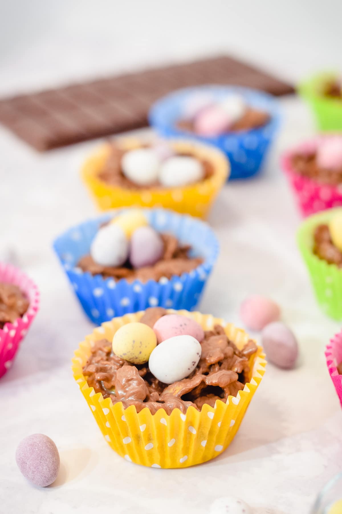 Chocolate cornflake nest eggs
The cornflakes are covered in chocolate and in a cupcake liner with egg candies on top