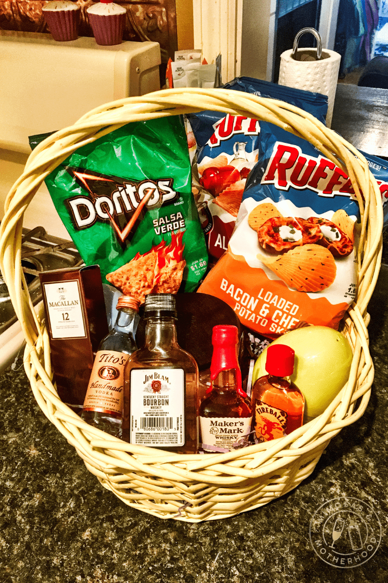 Adult Easter basket filled with chips and alcohol