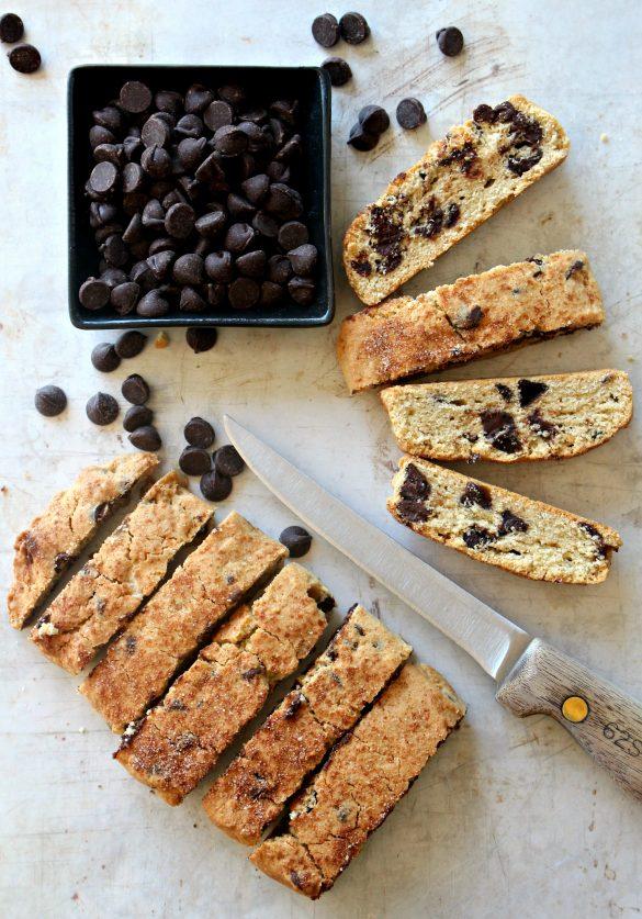 The World’s Best Passover Chocolate Chip Mandel Bread. Cut up into slices so you can see the chocolate chips in the middle