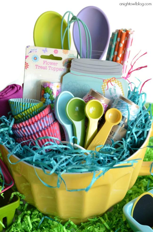 baking easter basket filled with measuring cups