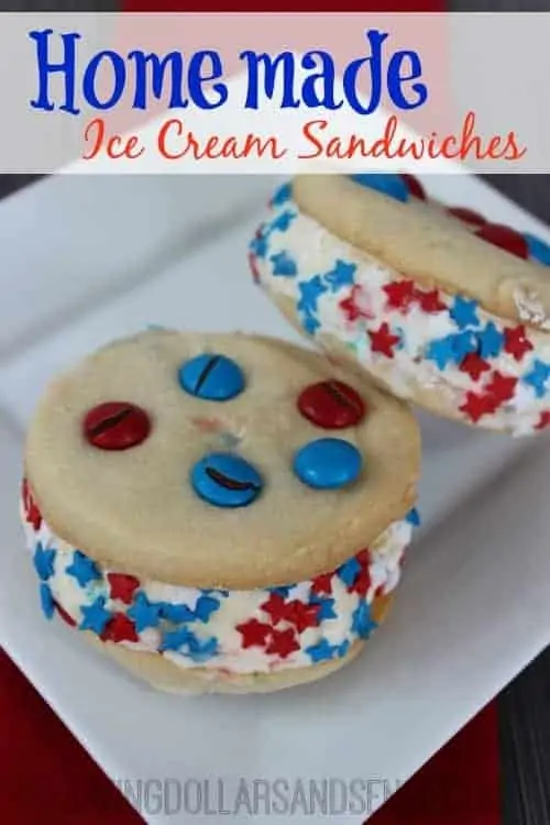 Homemade ice cream sandwiches with red and blue sprinkles and candies