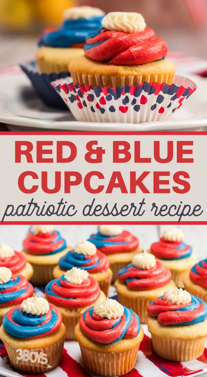 Red and blue swirled frosting on vanilla cupcakes