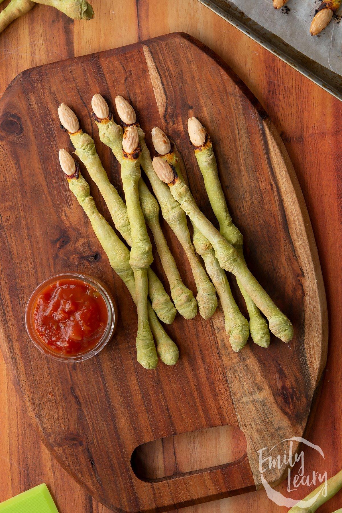 Witch finger breadsticks that are naturally green and almond fingern ails