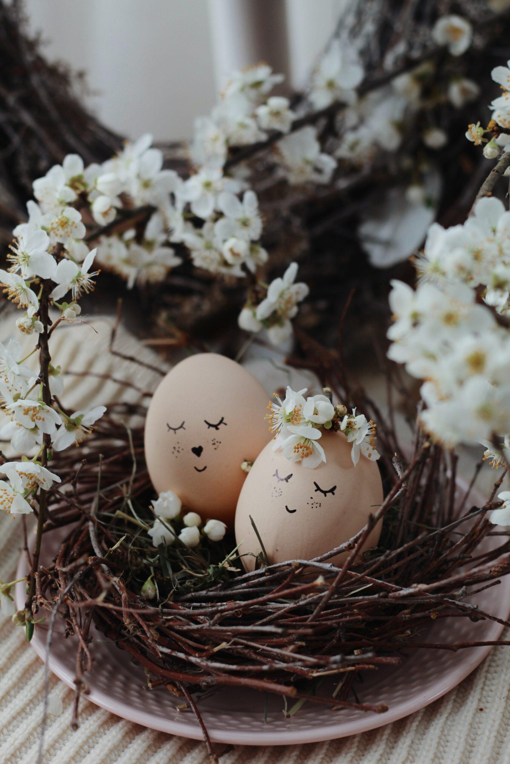 Two brown eggs with faces on them. They look like a boy and a girl (the girl has a flower crown). The eggs are sitting in a basket made of sticks
