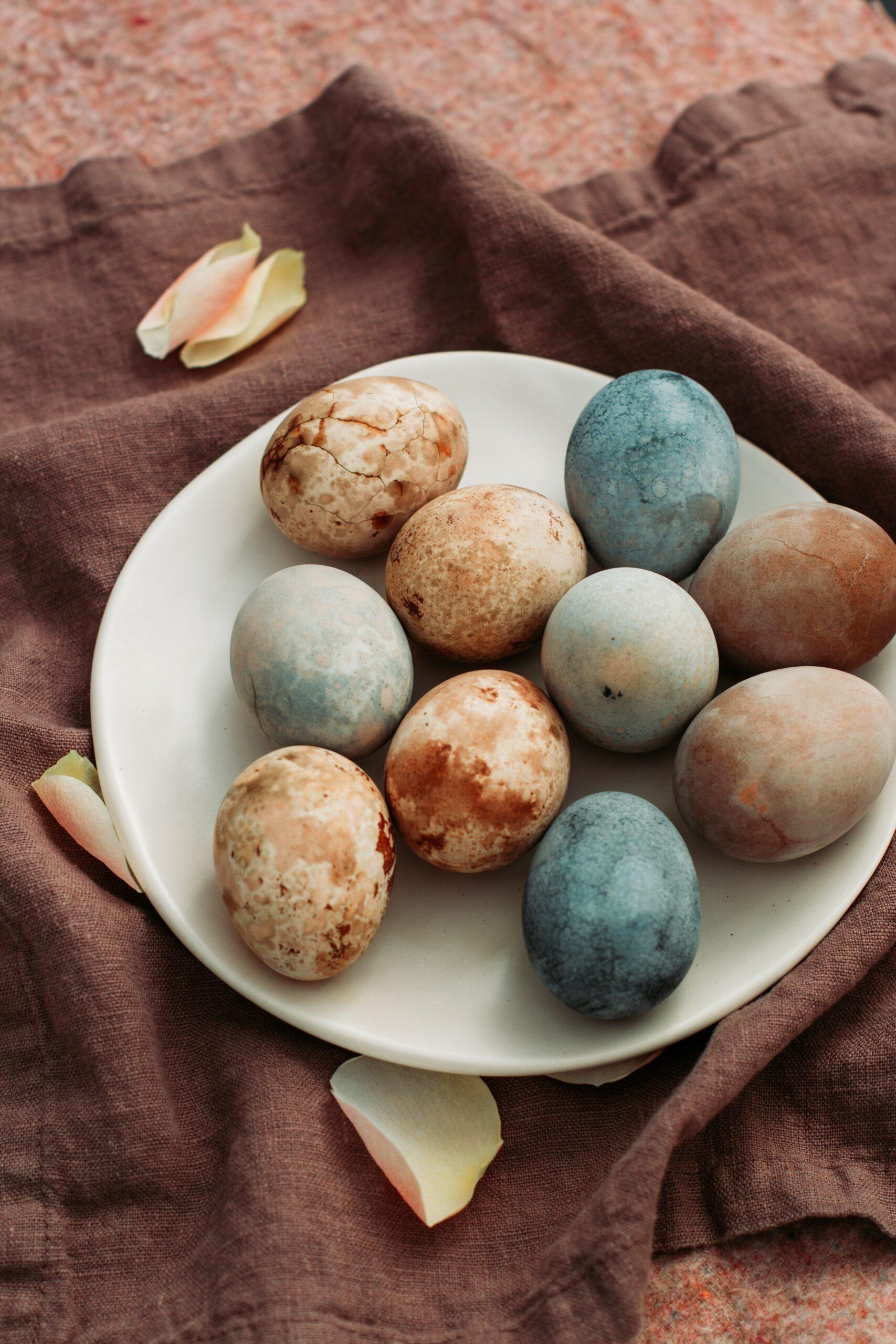 Easter eggs that have been dyed with faded colors. They have a splotchy look