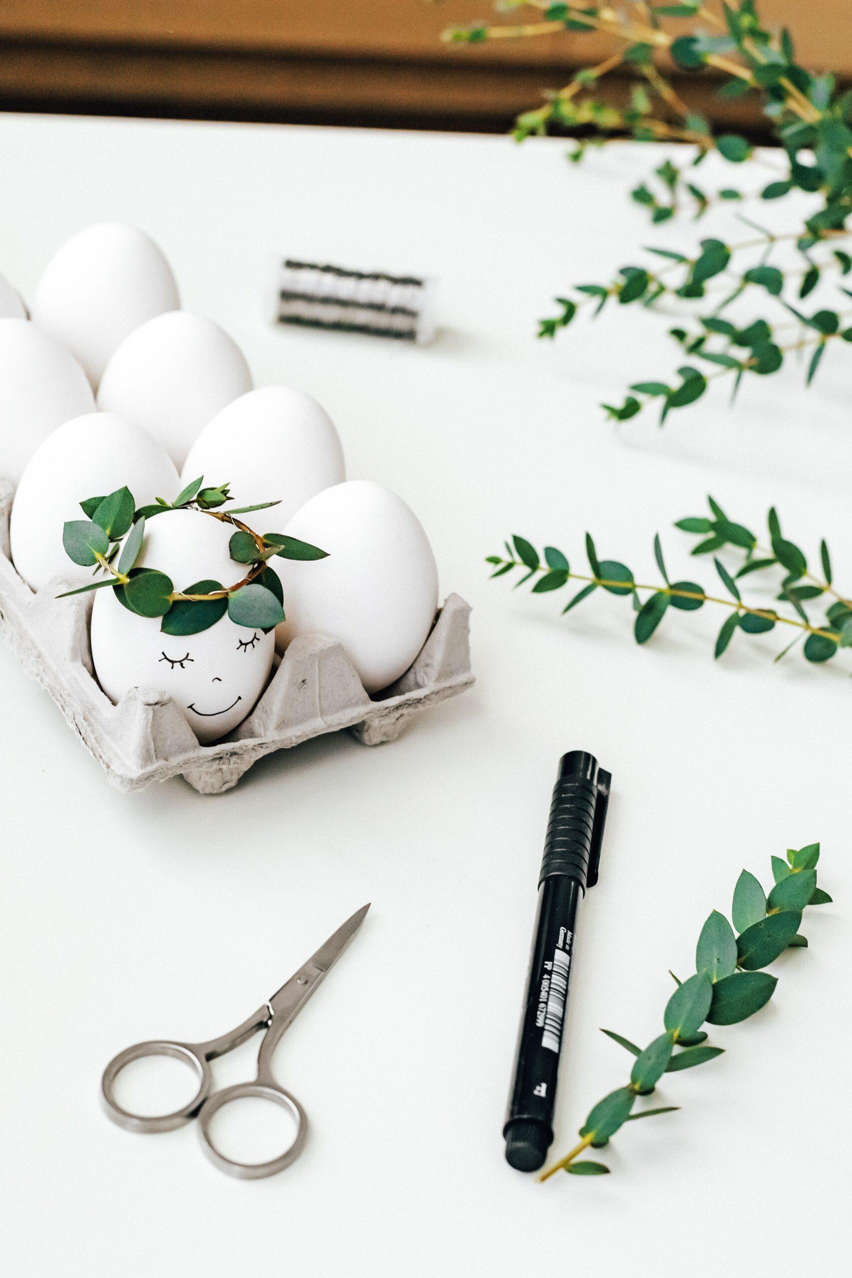White eggs in a carton with one that has a drawn-on face with a black marker. The egg has a greenery crown
