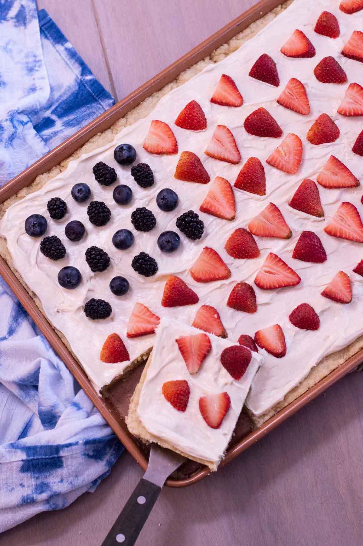 Easy 4th of July Fruit Pizza on a cookie sheet