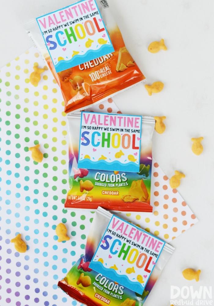 Goldfish Valentine printable that says "Valentine, I'm so happy we swim in the same school"