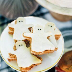 Halloween Sandwiches on a plate that look like a ghost
