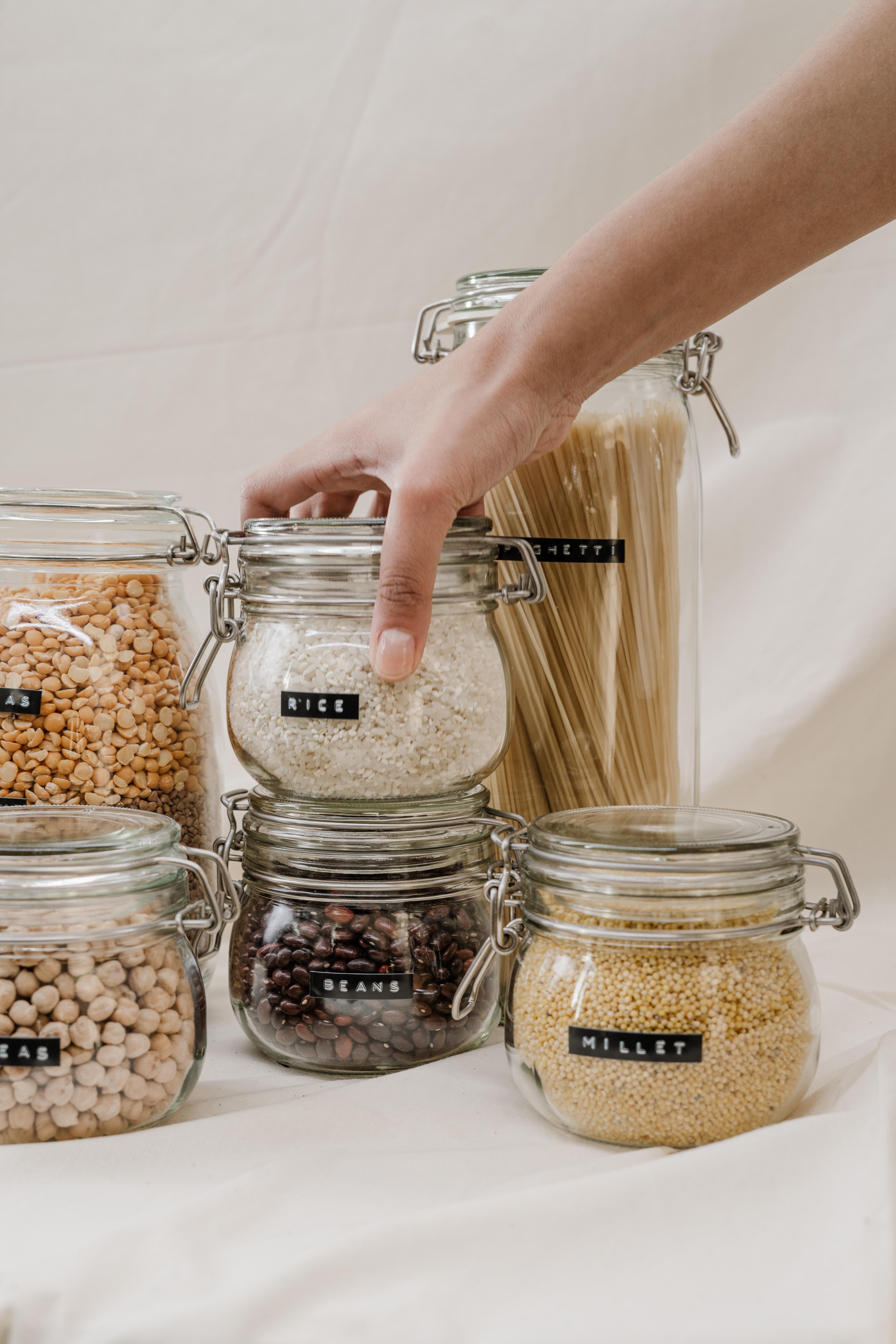 organizing pasta and rice in jars