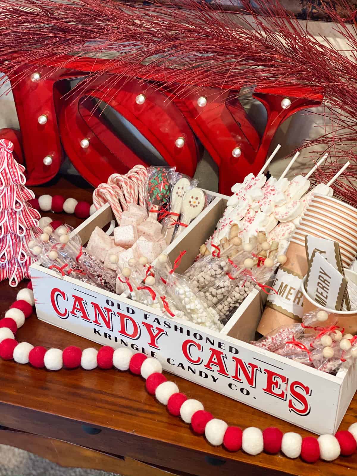 Hot cocoa bar with marshmallows, candy canes