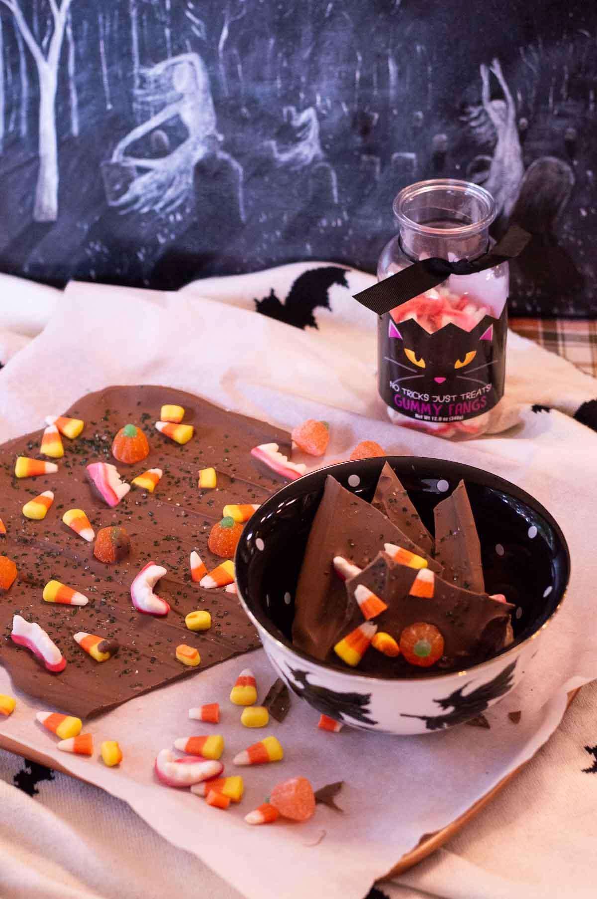 Halloween Bark in a bowl and on parchment