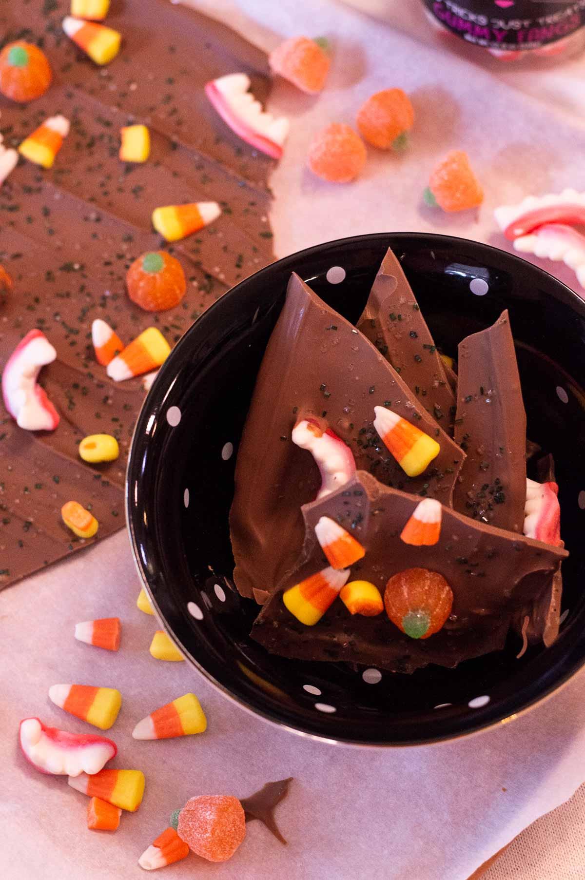 Halloween Bark in a bowl and with candy