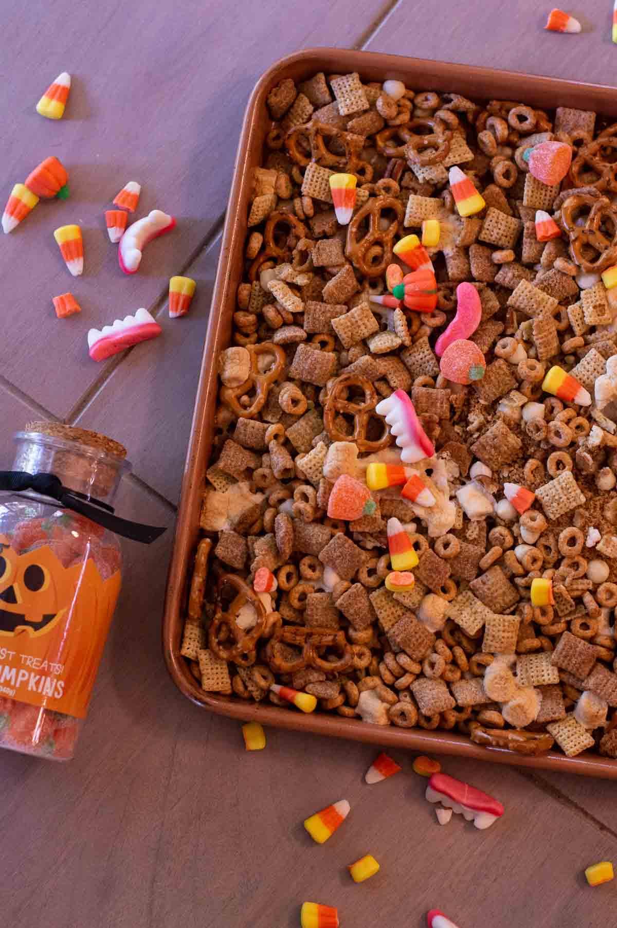 Halloween Chex Mix on a tray