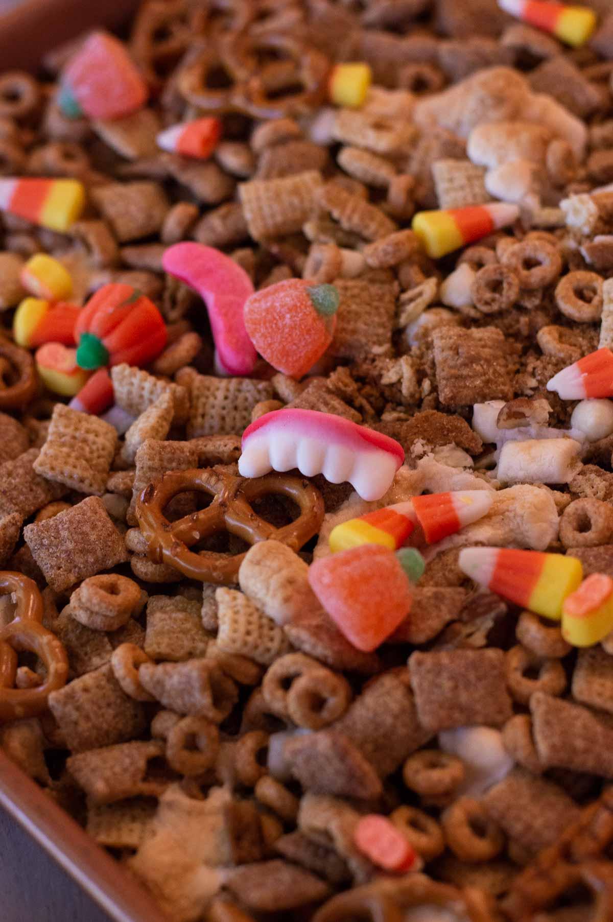 Halloween Chex Mix on a tray