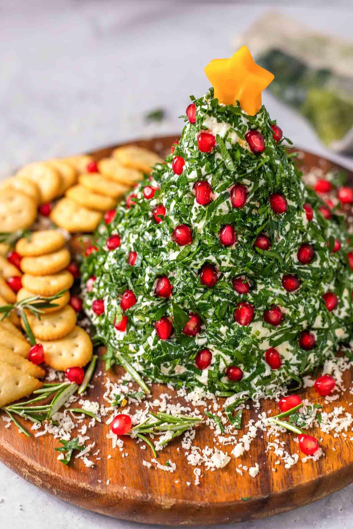 Christmas Cheese Ball with cheese star and pomegranate seed ornaments
