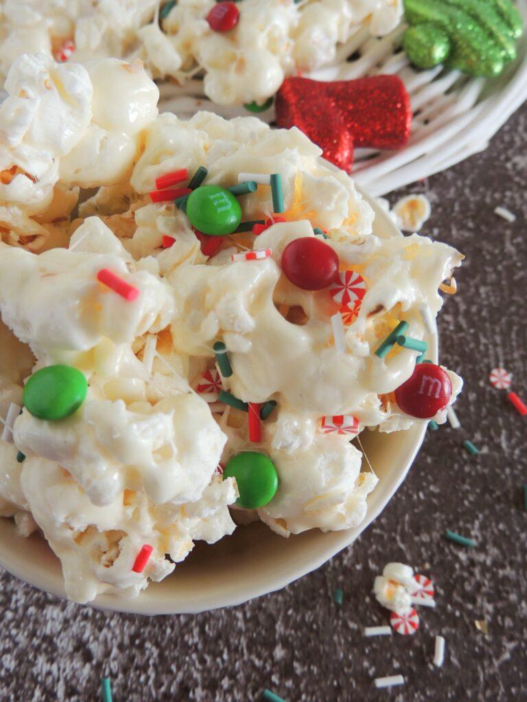 Easy Christmas Popcorn with red and green M&M's