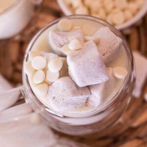Starbucks White Hot Chocolate in a clear cup with marshmallows