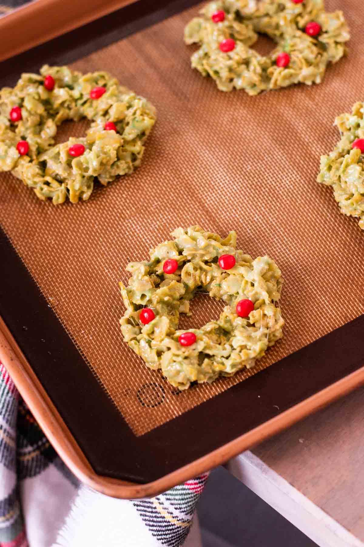 Christmas Wreath Cookies on a baking sheet