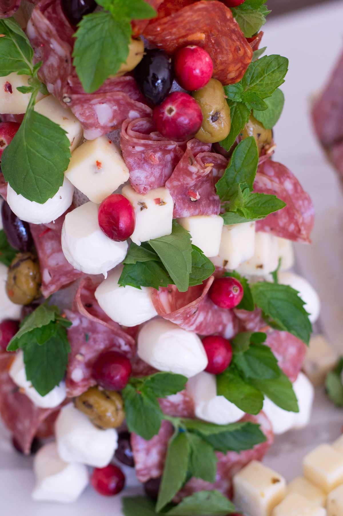 How to make a charcuterie tree cheese, salami, mint and cranberries on a styrofoam tree