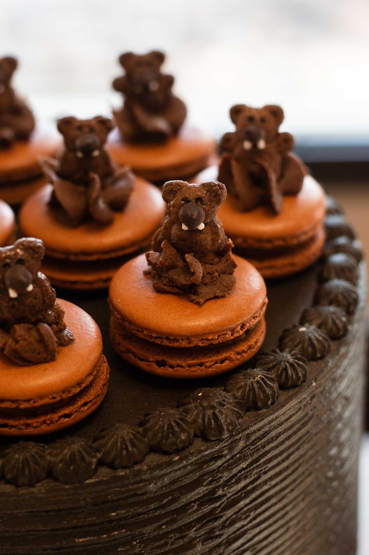 Groundhog Day macaroons on a chocolate cake
