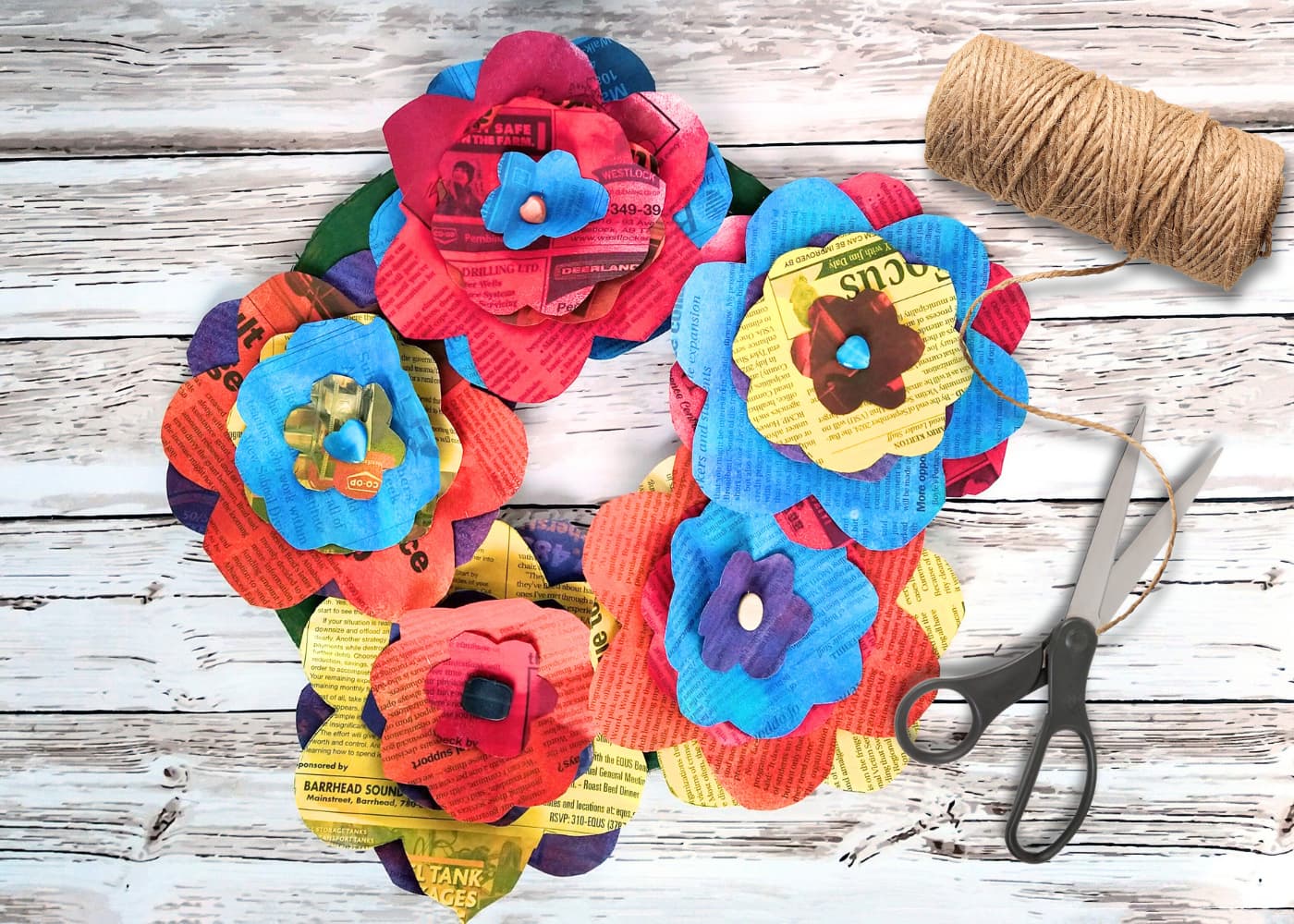 Colorful newspaper flowers for earth day crafts